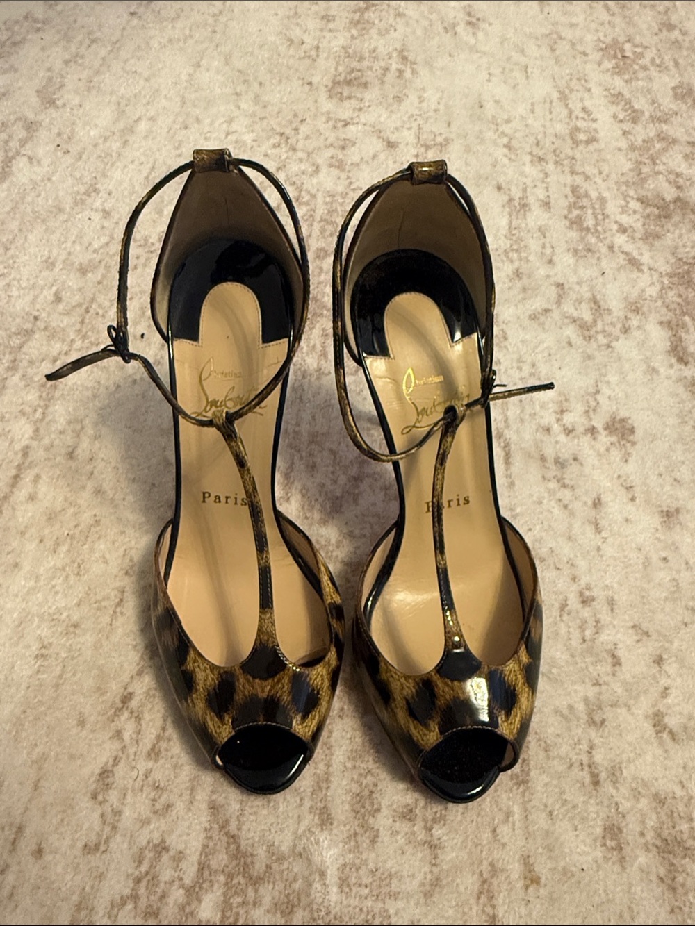 Christian Louboutin Leopard-Print T-Strap Peep-Toe Heels - Black & Brown